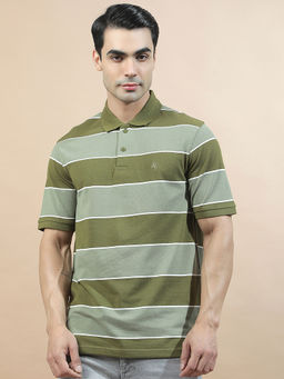 Cantabil - Green Cotton Half Sleeves Stripes Regular Fit Polo T-Shirt