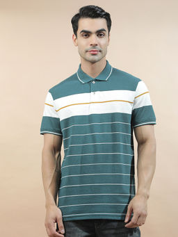 Cantabil - Teal Cotton Half Sleeves Stripes Regular Fit Polo T-Shirt
