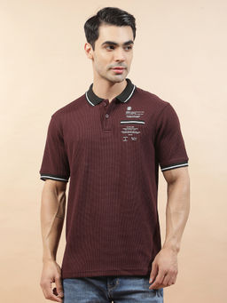 Cantabil - Maroon Cotton Half Sleeves Textured Regular Fit Polo T-Shirt
