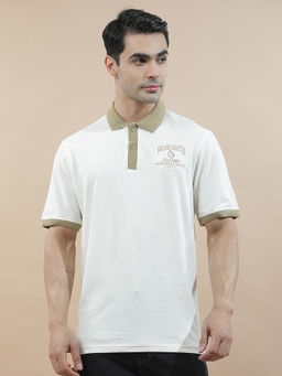 Cantabil - White Cotton Half Sleeves Embroidered Regular Fit Polo T-Shirt