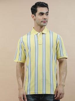 Cantabil - Yellow Cotton Half Sleeves Stripes Regular Fit Polo T-Shirt