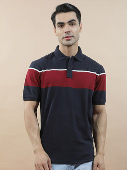 Cantabil - Navy Blue Cotton Half Sleeves Stripes Regular Fit Polo T-Shirt