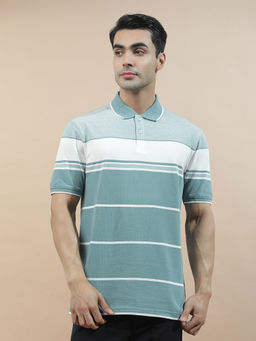 Cantabil - Teal Cotton Half Sleeves Stripes Regular Fit Polo T-Shirt