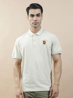Cantabil - Off White Cotton Half Sleeves Solid Regular Fit Polo T-Shirt