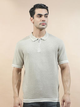Cantabil - Beige Cotton Half Sleeves Textured Regular Fit Polo T-Shirt
