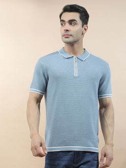 Cantabil - Blue Cotton Half Sleeves Textured Regular Fit Polo T-Shirt