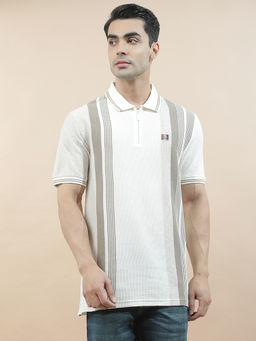 Cantabil - White Cotton Half Sleeves Stripes Regular Fit Polo T-Shirt