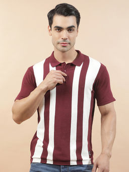 Cantabil - Maroon Cotton Half Sleeves Stripes Regular Fit Polo T-Shirt