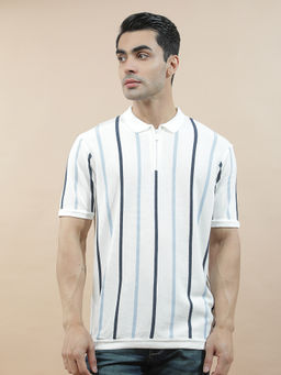 Cantabil - White Cotton Half Sleeves Stripes Regular Fit Polo T-Shirt