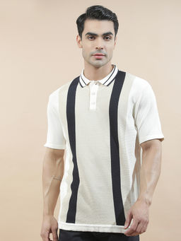 Cantabil - Beige Cotton Half Sleeves Stripes Regular Fit Polo T-Shirt