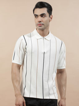 Cantabil - White Cotton Half Sleeves Stripes Regular Fit Polo T-Shirt