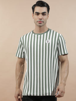 Cantabil - Green Cotton Half Sleeves Stripes Regular Fit T-Shirt