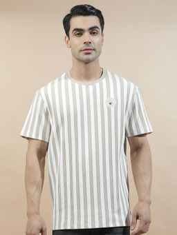 Cantabil - Beige Cotton Half Sleeves Stripes Regular Fit T-Shirt