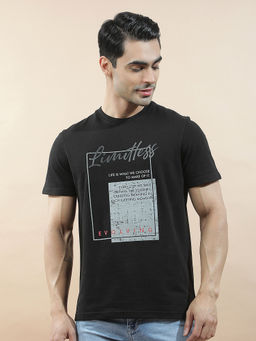 Cantabil - Black Cotton Half Sleeves Printed Regular Fit T-Shirt