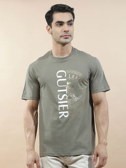Cantabil - Green Cotton Half Sleeves Typography Regular Fit T-Shirt