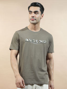 Cantabil - Olive Cotton Half Sleeves Typography Regular Fit T-Shirt
