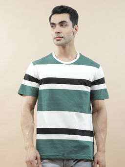 Cantabil - Green Cotton Half Sleeves Stripes Regular Fit T-Shirt