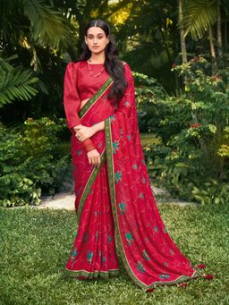 Akhilam - Women Chiffon Pink Embellished Celebrity Saree with Unstitched Blouse