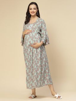 Sweet Dreams - Women Floral Print Half Sleeves Maternity Nightdress - Green