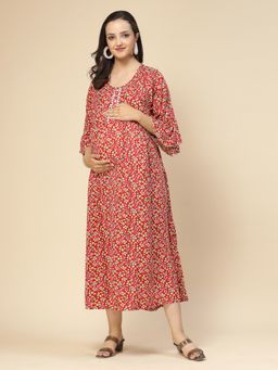 Sweet Dreams - Women Floral Print Half Sleeves Maternity Nightdress - Red