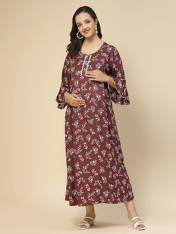 Sweet Dreams - Women Floral Print Half Sleeves Maternity Nightdress - Brown