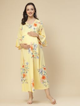 Sweet Dreams - Women Floral Print Half Sleeves Maternity Nightdress - Yellow