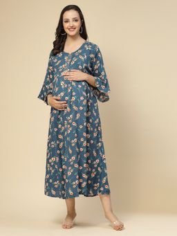 Sweet Dreams - Women Floral Print Half Sleeves Maternity Nightdress - Blue