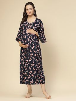 Sweet Dreams - Women Floral Print Half Sleeves Maternity Nightdress - Black