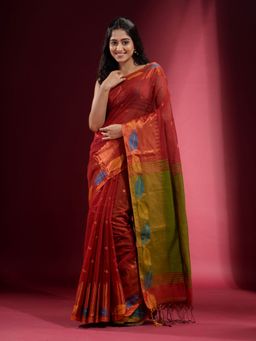 CHARUKRITI - Rust with Foliage Motif and Zari Temple Border Saree with Unstitched Blouse