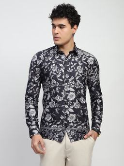 Global Republic - Cotton Floral Print Collar Neck Shirt - Black