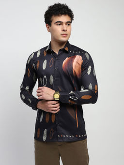 Global Republic - Cotton Printed Collar Neck Shirt - Black