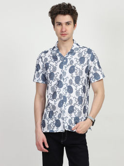 Global Republic - Polyester Floral Print Collar Neck Shirt - Navy Blue