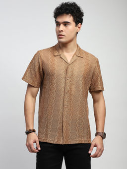 Global Republic - Polyester Textured Collar Neck Shirt - Brown