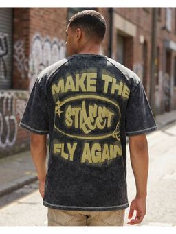 Bewakoof - Men Black Typography Oversized Acid Wash T-Shirt