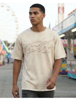 Bewakoof - Men Beige Applique Oversized Acid Wash T-Shirt