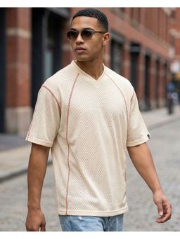 Bewakoof - Men Beige Textured Oversized T-Shirt