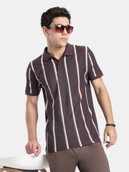 R&B - Burgundy Striped Men Short Sleeve Polo T-Shirt