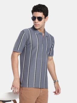 R&B - Grey Striped Men Short Sleeve Polo T-Shirt