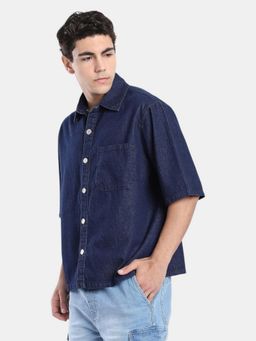 R&B - Navy Blue Solid Men Short Sleeves Relaxed Fit Shirt