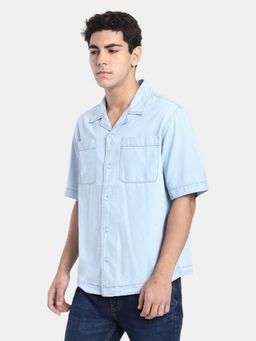 R&B - Blue Solid Men Short Sleeves Relaxed Fit Shirt