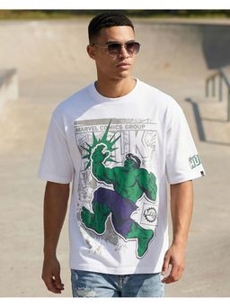 Bewakoof - Marvel Hulk Men White Hulk Comic Graphic Printed Oversized T-Shirt