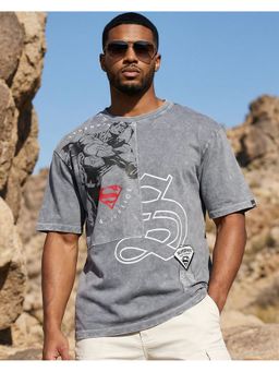 Bewakoof - Dc Superman Men Grey Applique Oversized Acid Wash T-Shirt