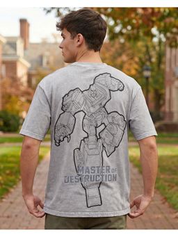 Bewakoof - Transformers Megatron Men Grey Graphic Printed Oversized Acid Wash T-Shirt