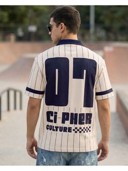 Bewakoof - Men Beige and Navy Blue Typography Oversized Polo T-Shirt