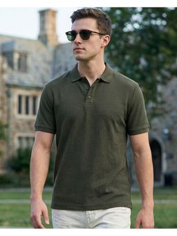 Bewakoof - Men Olive Green Textured Polo T-Shirt