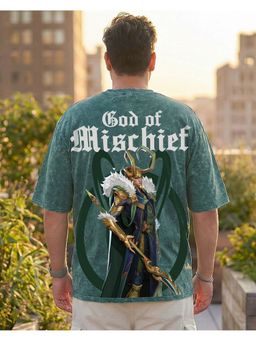 Bewakoof - Marvel Loki Men Dark Green Graphic Printed Oversized Plus Size Acid Wash T-Shirt