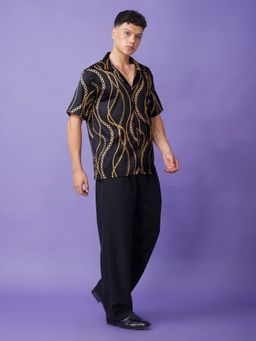 CLUBHAVANA - Men Black Chain Luxe Satin Graphic Printed Shirt