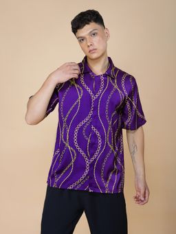 CLUBHAVANA - Men Purple Golden Reign Satin Graphic Printed Shirt