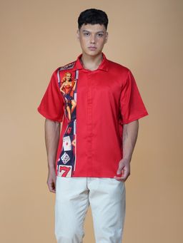 CLUBHAVANA - Men Red Lucky Charm Satin Graphic Printed Shirt