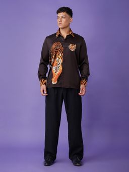 CLUBHAVANA - Men Brown Striped Majesty Satin Graphic Printed Shirt